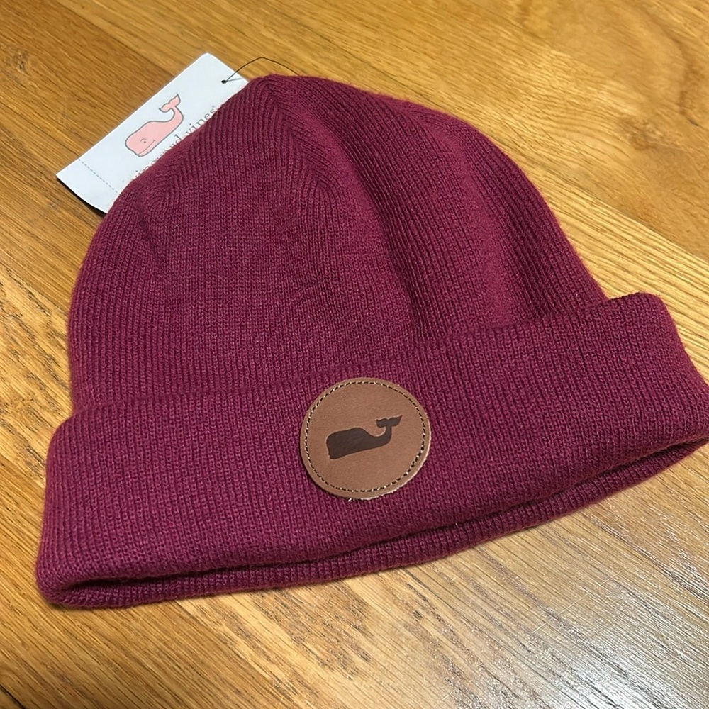 Vineyard Vines Maroon Knit Beanie with Leather Whale Patch